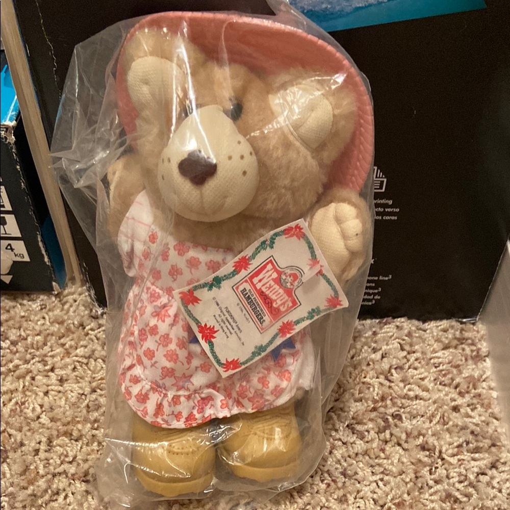 Wendy’s 1986 Ferrell Furskin Teddy Bear with Pink Hat and Floral Dress
